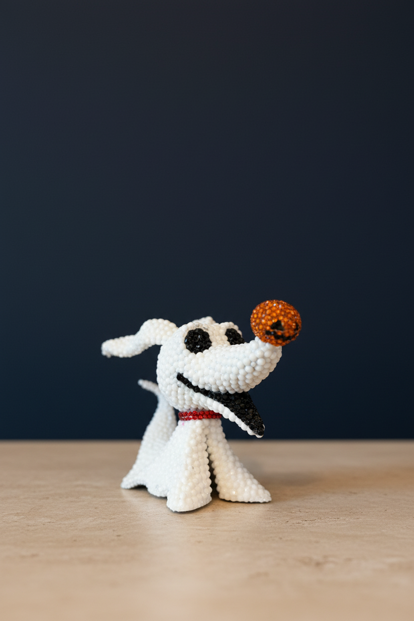 Figurine de chien fantôme blanc avec collier rouge et nez orange pailleté sur fond bleu nuit