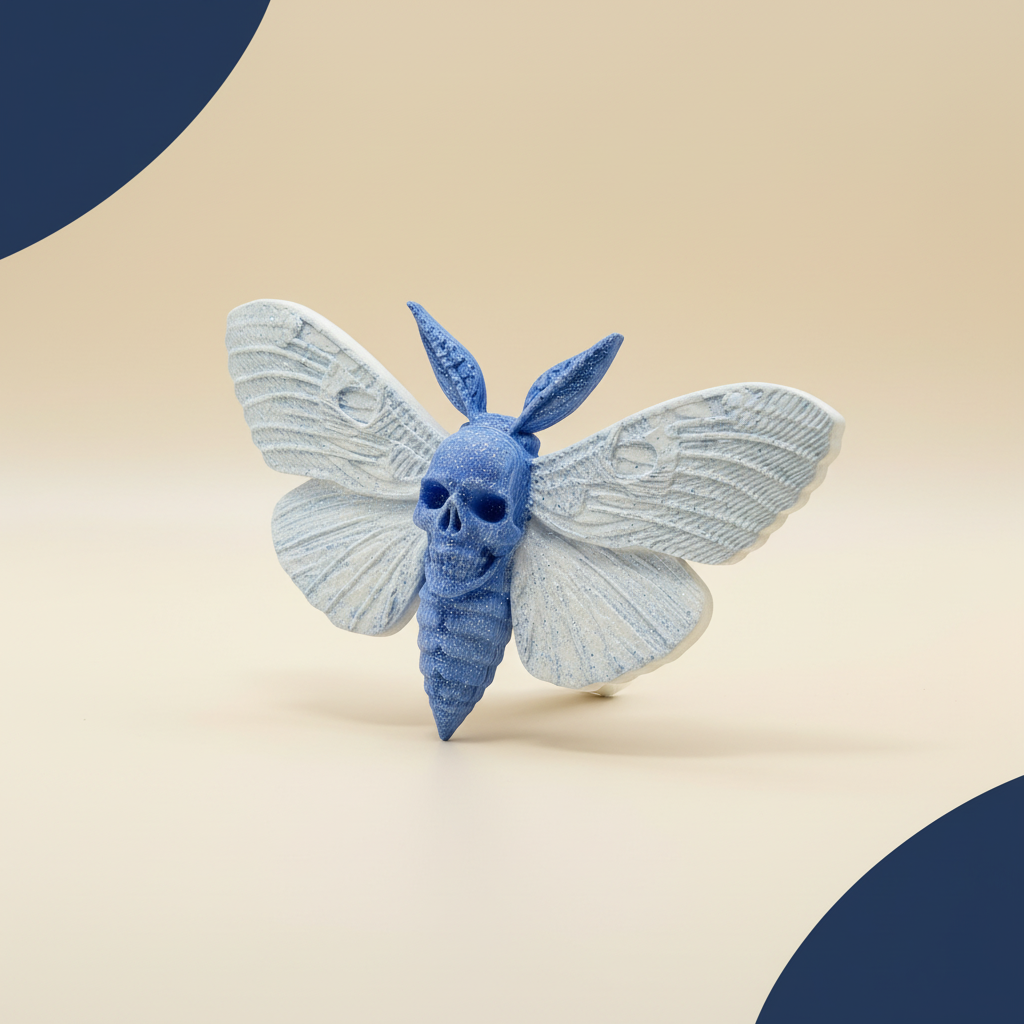 Aimant papillon bleu foncé et bleu clair avec tête de mort, ailes blanches, fond crème et ombre naturelle, sans halo lumineux