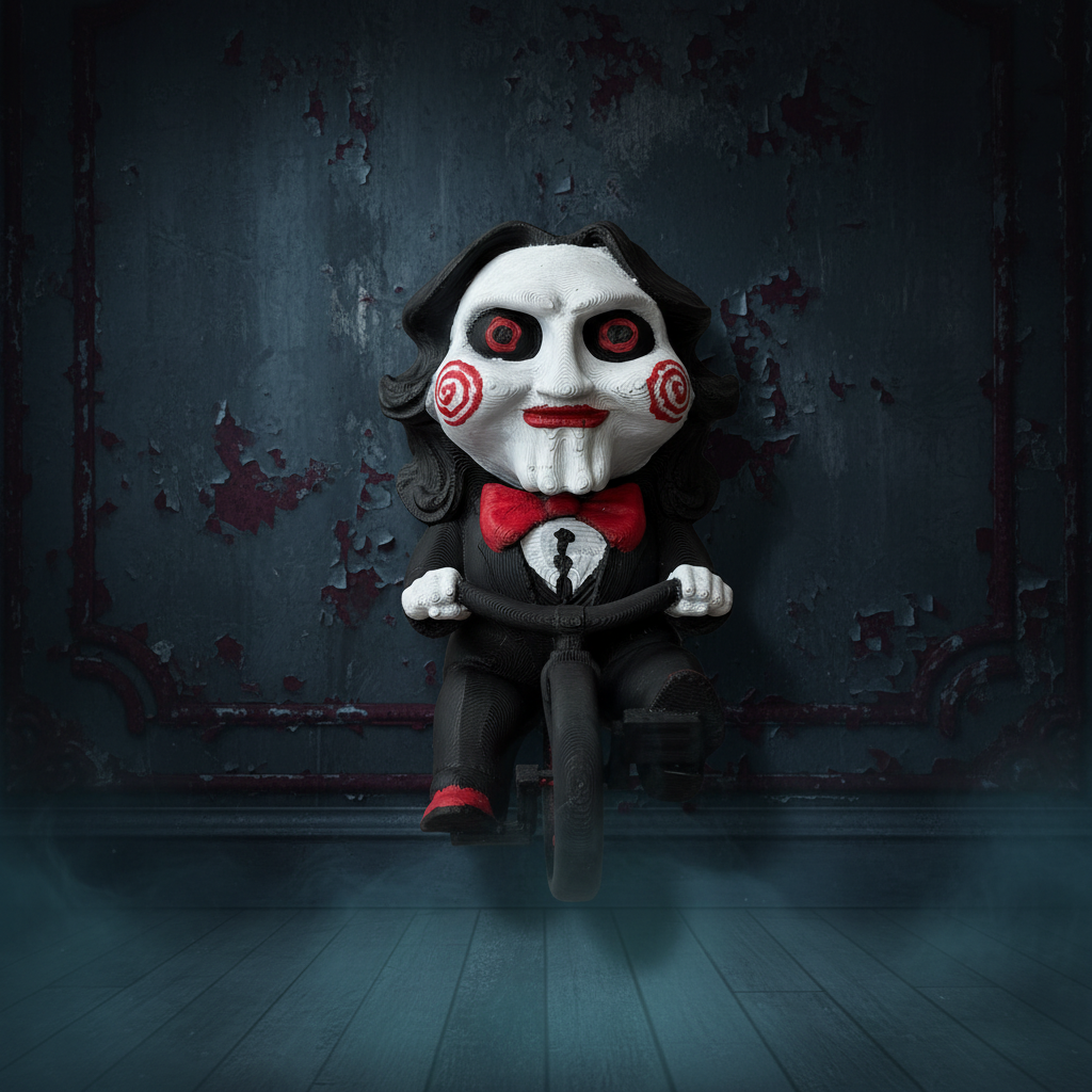 Aimant figurine masquée creepy noir et blanc avec détails rouges, détails peints à la main sauf les parties noires, décor sombre sans nom de licence