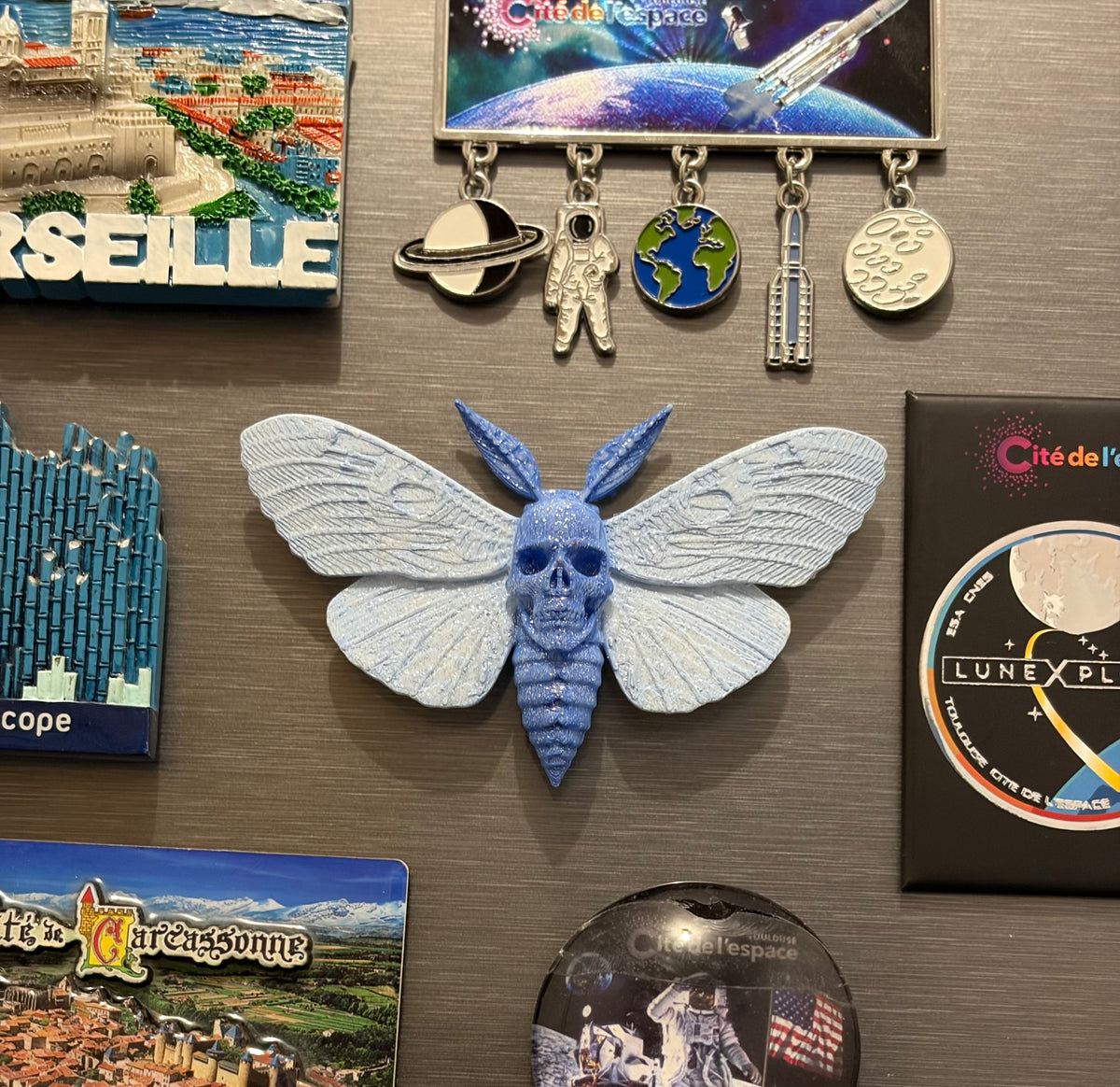 Aimant Papillon Bleu Foncé et Bleu Clair Tête de Mort